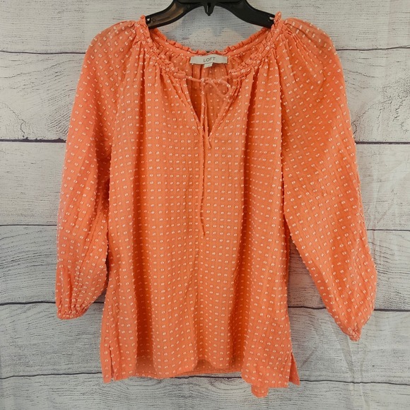 LOFT Tops - LOFT S Small Coral Swiss Dot 3/4 Sleeve Drawstring V-Neck Shirt L737
